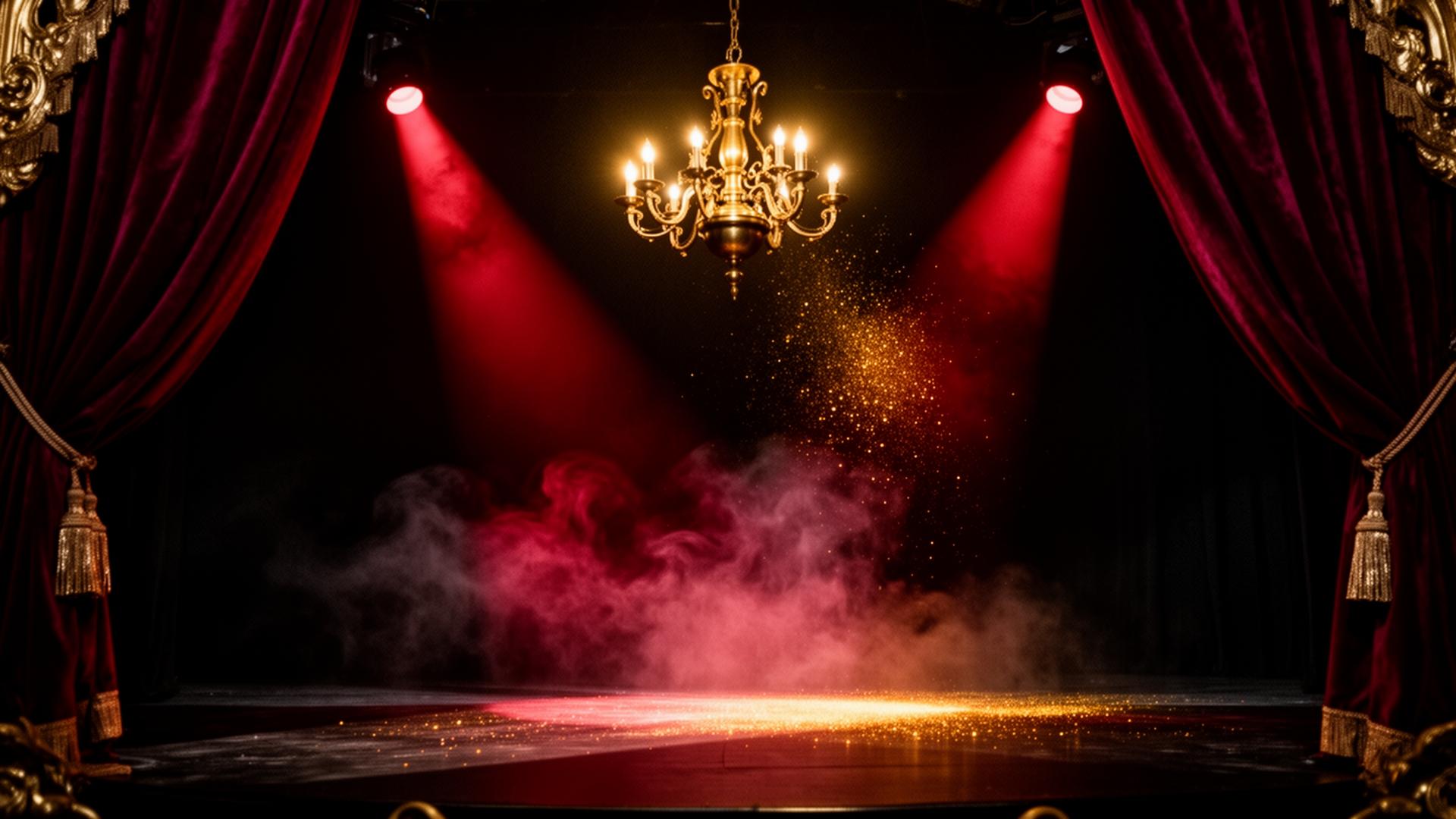 Velvet stage bathed in crimson light